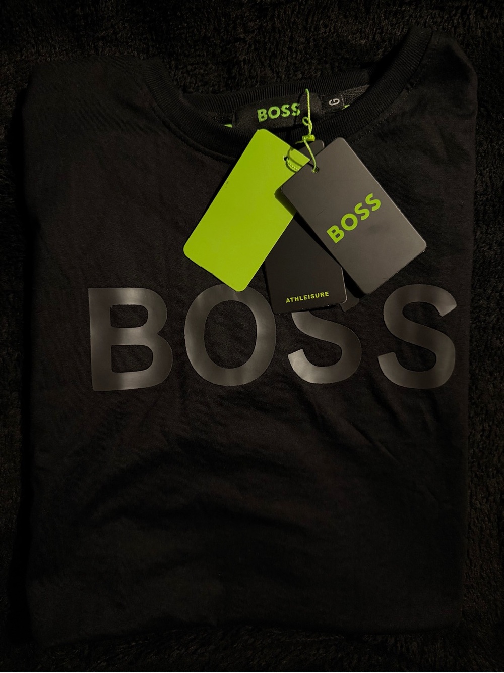 BOSS Black Crewneck Tee with Neon Green Logo Tags